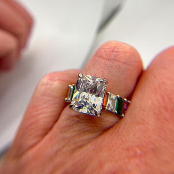 Silver Tone Radiant Cut Cubic Zirconia with Rainbow Stone on Band Size 5.25 - Picture 3 of 10